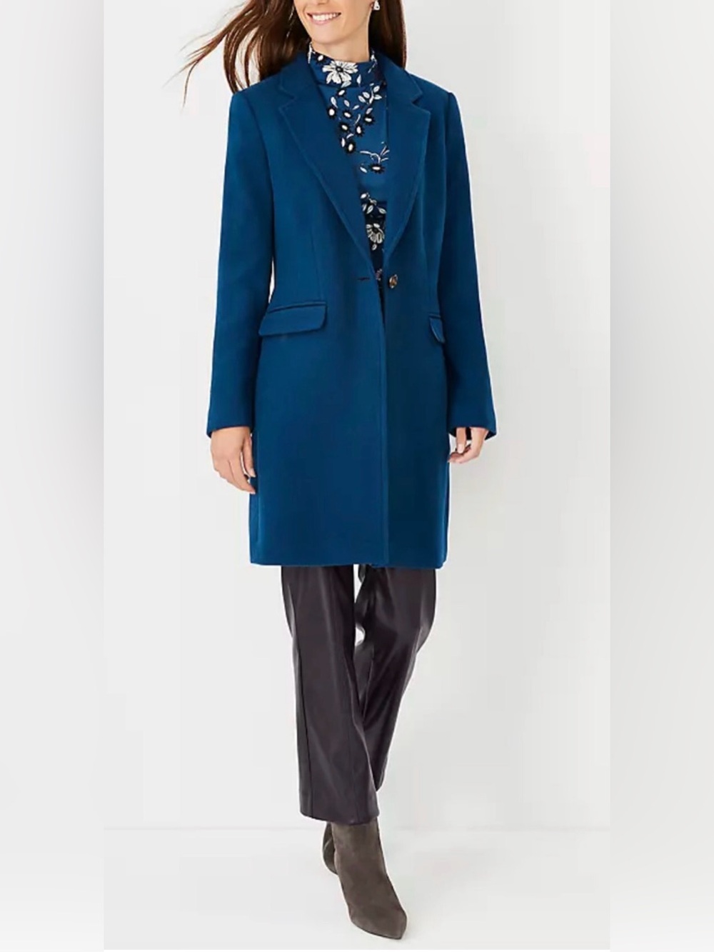 NEW ANN TAYLOR SEA STORM BLUE WOOL BLEND SHORT CHESTERFIELD COAT SZ XS